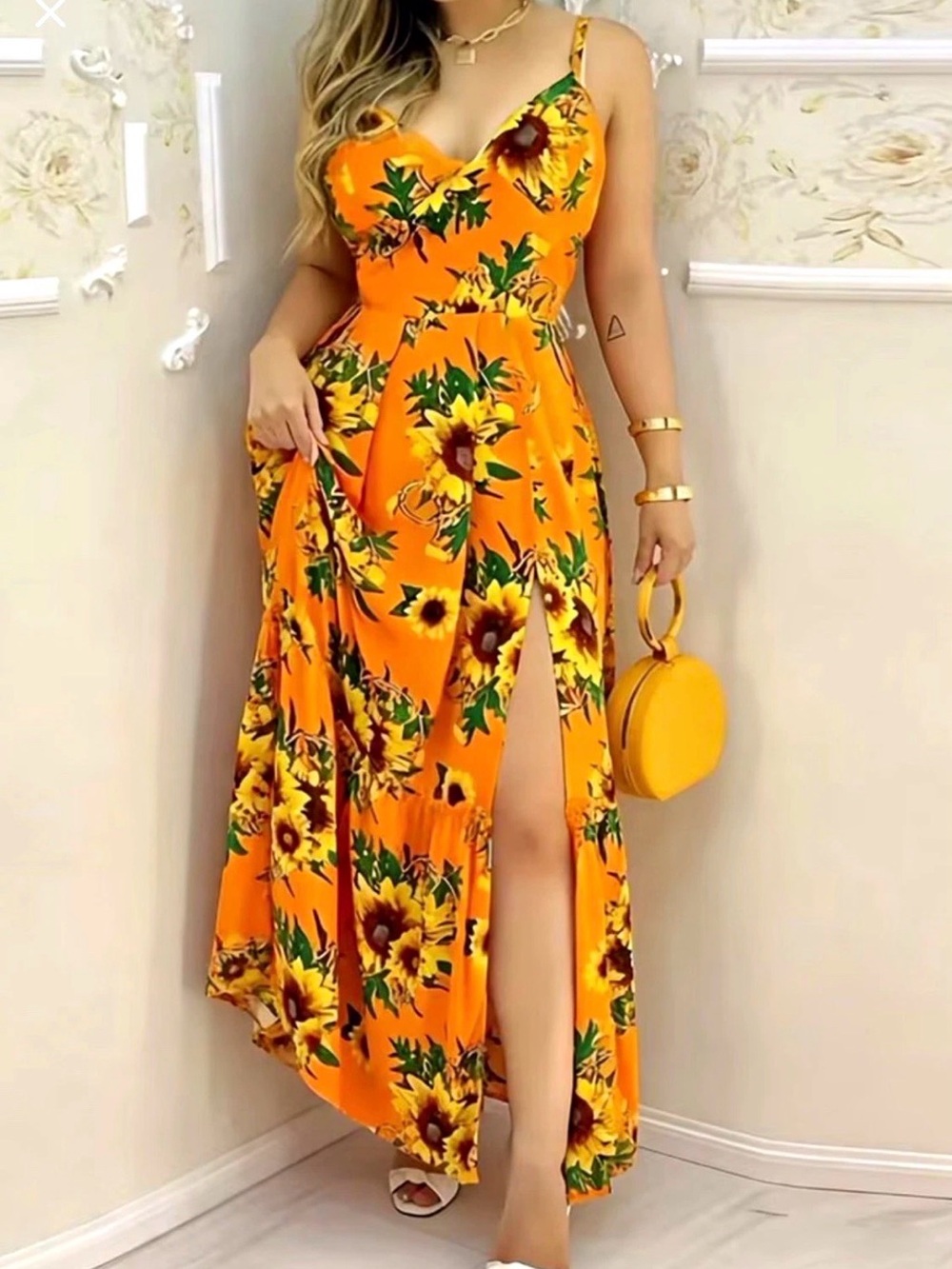 Yellow Floral Split Maxi Dress with Spaghetti Straps M